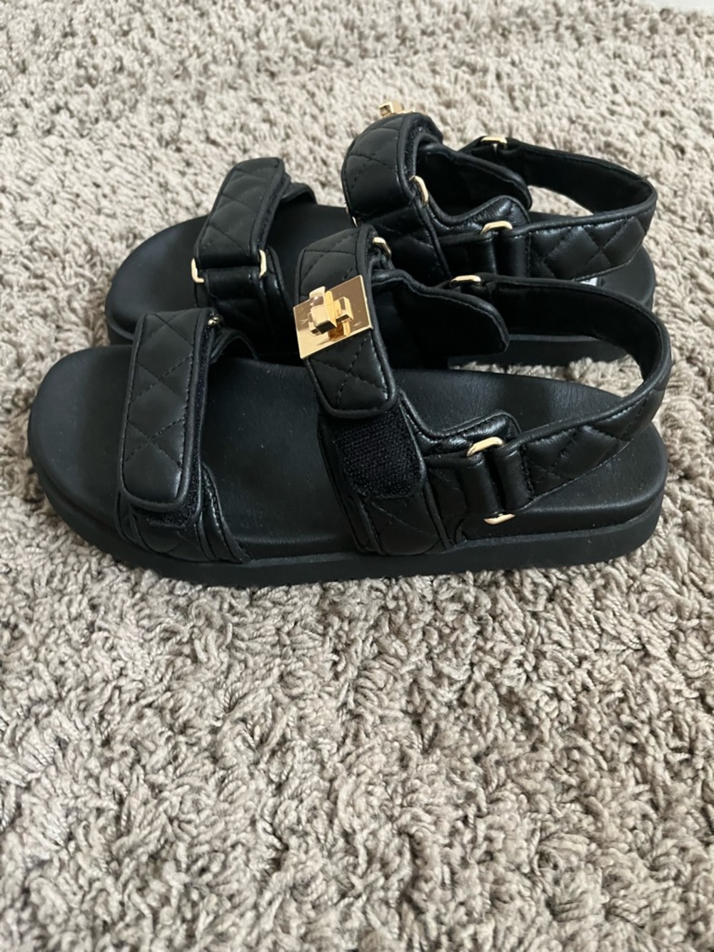Steve Madden Black Quilted Strap Sandals with Gold Accent
